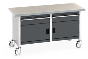 Bott Cubio Mobile Storage Workbench 1500mm wide x 750mm Deep x 840mm high supplied with a Linoleum worktop (particle board core with grey linoleum surface and plastic edgebanding), 2 x 150mm high drawers and 2 x 350mm high integral storage cupboards... 1500mm Wide Mobile Moveable Industrial Storage Benches with Cupboards and Drawers